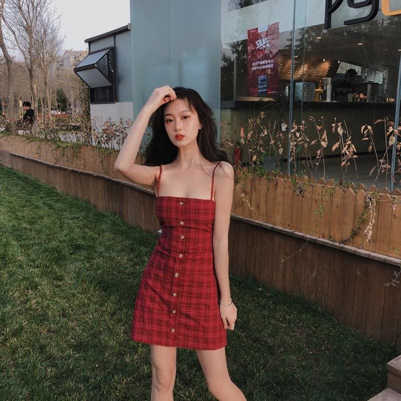 Retro Strappy Plaid Mini Dress