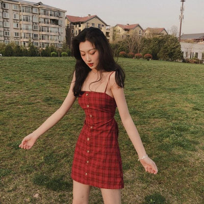 Retro Strappy Plaid Mini Dress