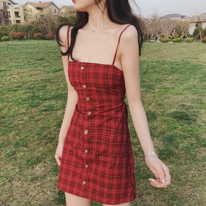 Retro Strappy Plaid Mini Dress