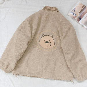 Reversible Thicken Plaid Cute Bear Embroidery Long Sleeve Coat MK15504 - KawaiiMoriStore