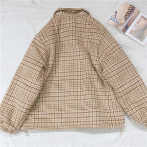 Reversible Thicken Plaid Cute Bear Embroidery Long Sleeve Coat MK15504 - KawaiiMoriStore