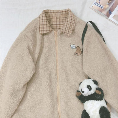 Reversible Thicken Plaid Cute Bear Embroidery Long Sleeve Coat MK15504 - KawaiiMoriStore