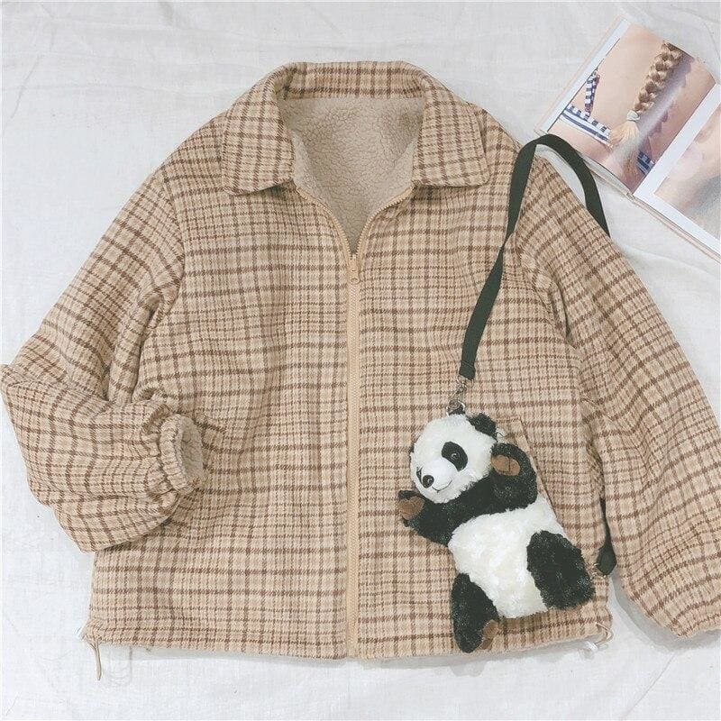 Reversible Thicken Plaid Cute Bear Embroidery Long Sleeve Coat MK15504 - KawaiiMoriStore