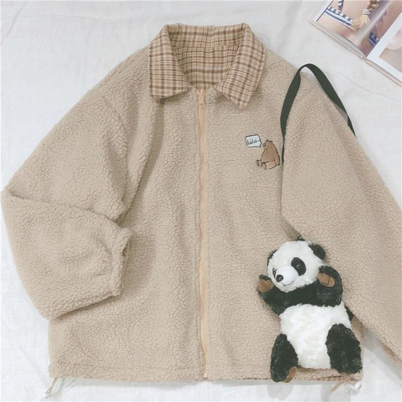 Reversible Thicken Plaid Cute Bear Embroidery Long Sleeve Coat MK15504 - KawaiiMoriStore