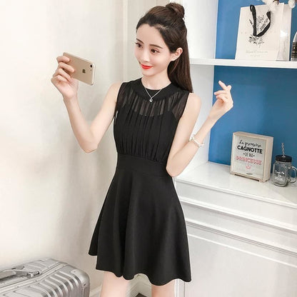 Round Neck Lace Sleeveless Waist Mini Dress