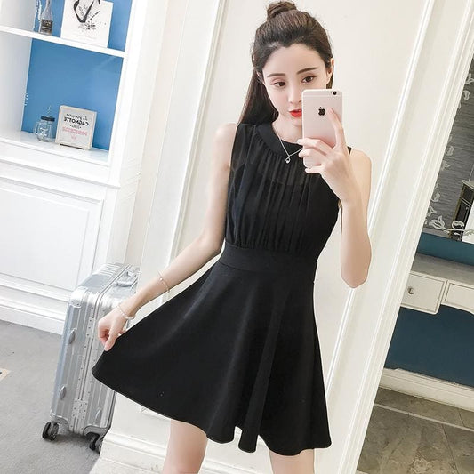 Round Neck Lace Sleeveless Waist Mini Dress