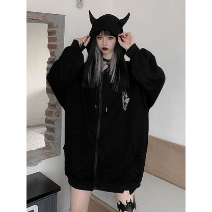 Ruibbit Harajuku Punk Gothic Girls Black Devil Horn Hoodies Sweatshirt MK106 - KawaiiMoriStore