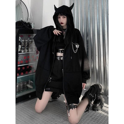 Ruibbit Harajuku Punk Gothic Girls Black Devil Horn Hoodies Sweatshirt MK106 - KawaiiMoriStore