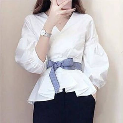 S-3XL Summer Striped Bow Lantern Sleeve Blouse Black Pants 