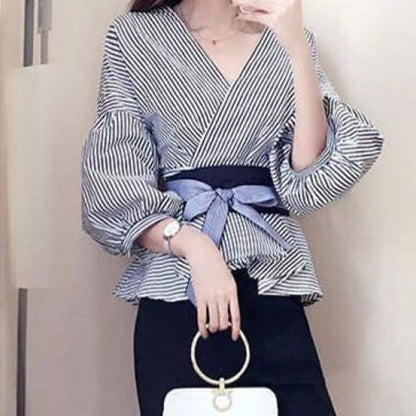 S-3XL Summer Striped Bow Lantern Sleeve Blouse Black Pants 