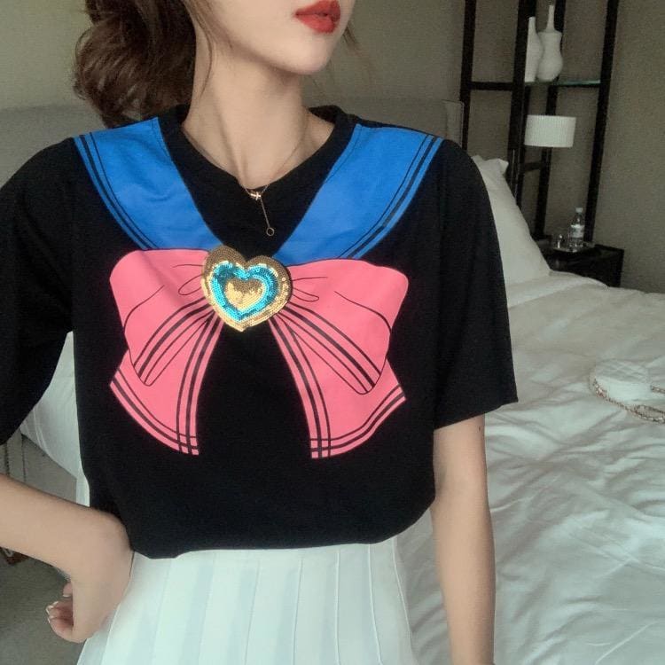 Sailor Moon Love Heart Sequins Sweet Bowknot T-Shirts MK15037 - KawaiiMoriStore