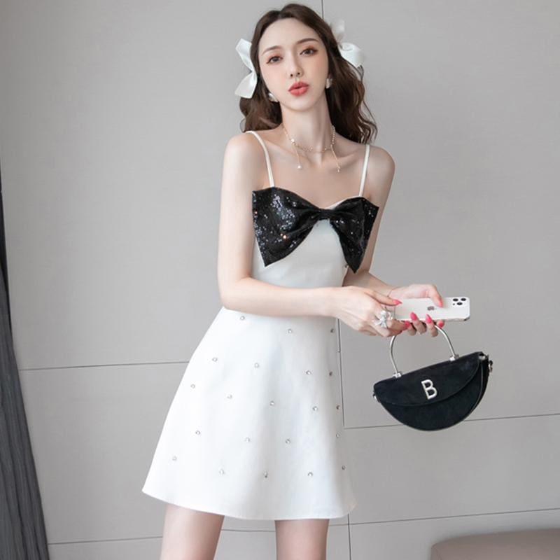 Sequined Bow Knot Color Block Mini Dress