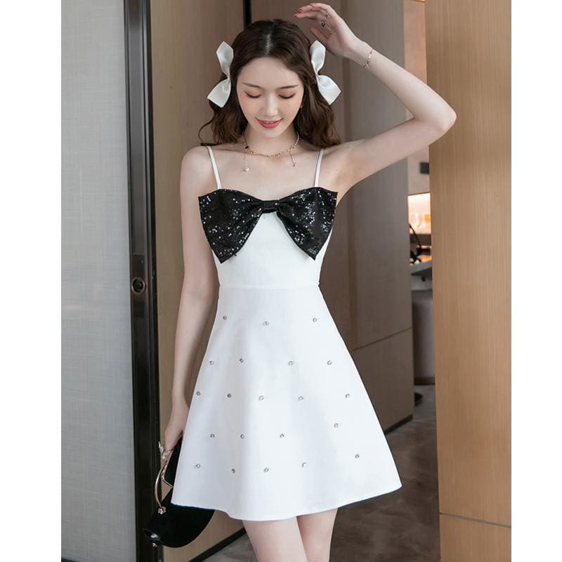 Sequined Bow Knot Color Block Mini Dress