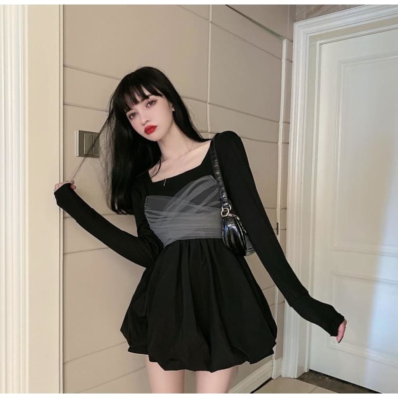 Sexy Long Sleeve Square Collar A-line Mini Dresses+Bow Mesk Bandage Sling Vest MK15641 - KawaiiMoriStore