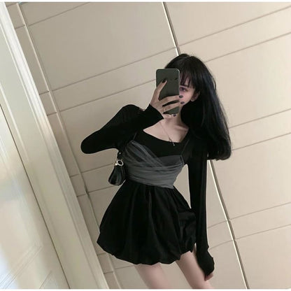 Sexy Long Sleeve Square Collar A-line Mini Dresses+Bow Mesk Bandage Sling Vest MK15641 - KawaiiMoriStore