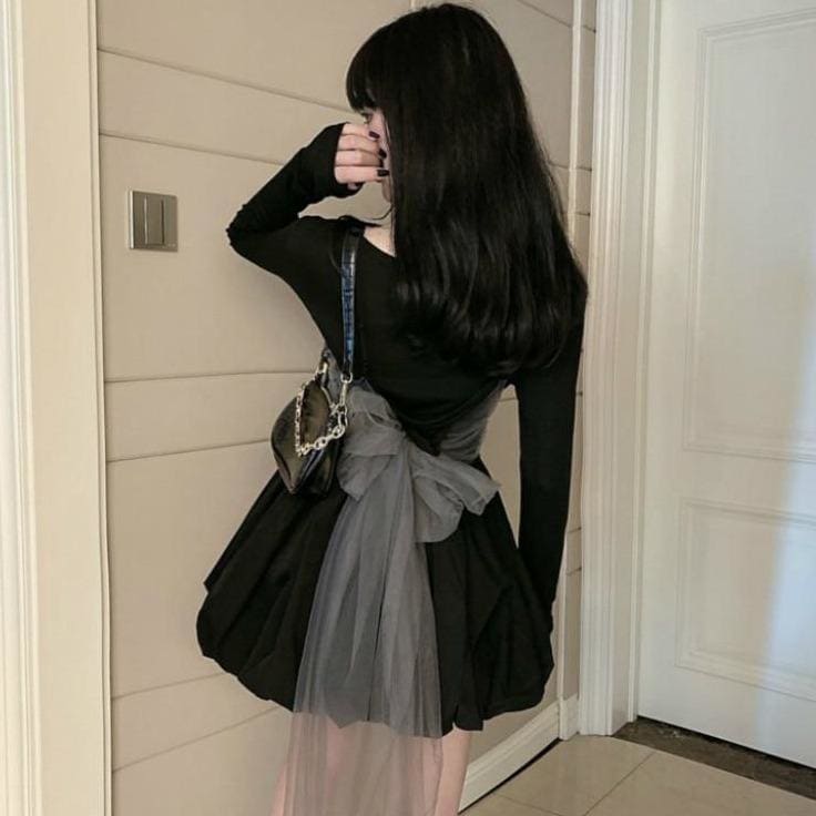 Sexy Long Sleeve Square Collar A-line Mini Dresses+Bow Mesk Bandage Sling Vest MK15641 - KawaiiMoriStore