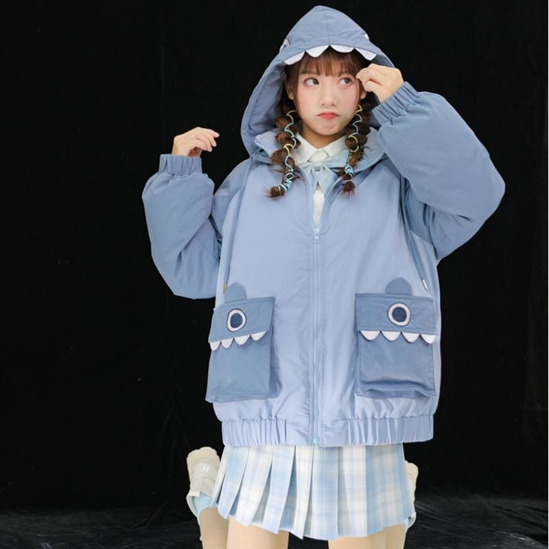 Shark Eyes Embroidery Pocket Hooded Coat MK15289 - KawaiiMoriStore