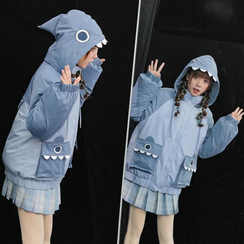 Shark Eyes Embroidery Pocket Hooded Coat MK15289 - KawaiiMoriStore