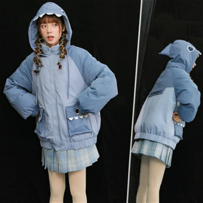 Shark Eyes Embroidery Pocket Hooded Coat MK15289 - KawaiiMoriStore