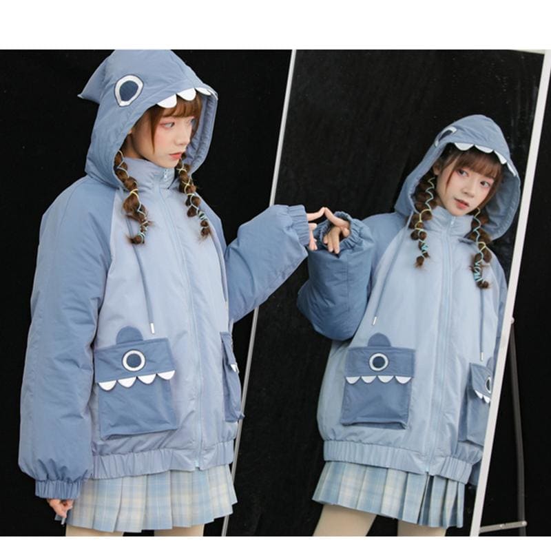 Shark Eyes Embroidery Pocket Hooded Coat MK15289 - KawaiiMoriStore