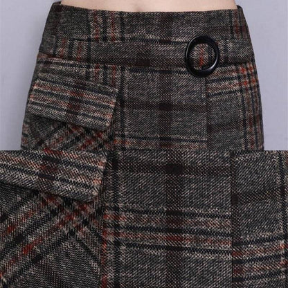 Shelia - Hight Waist Wool Long Plaid Skirt - Skirt