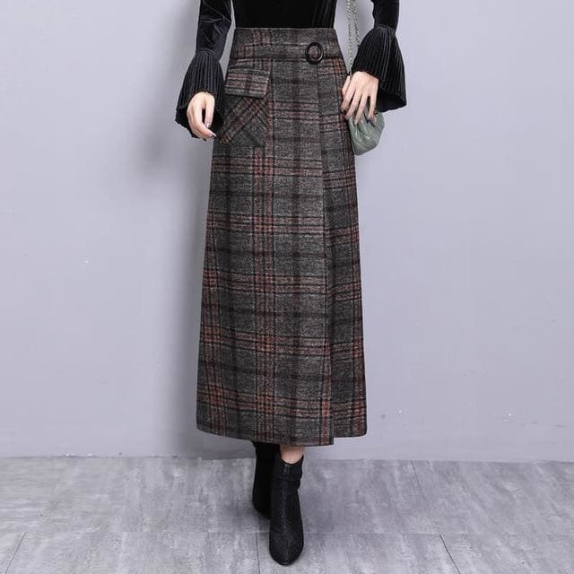 Shelia - Hight Waist Wool Long Plaid Skirt - Skirt
