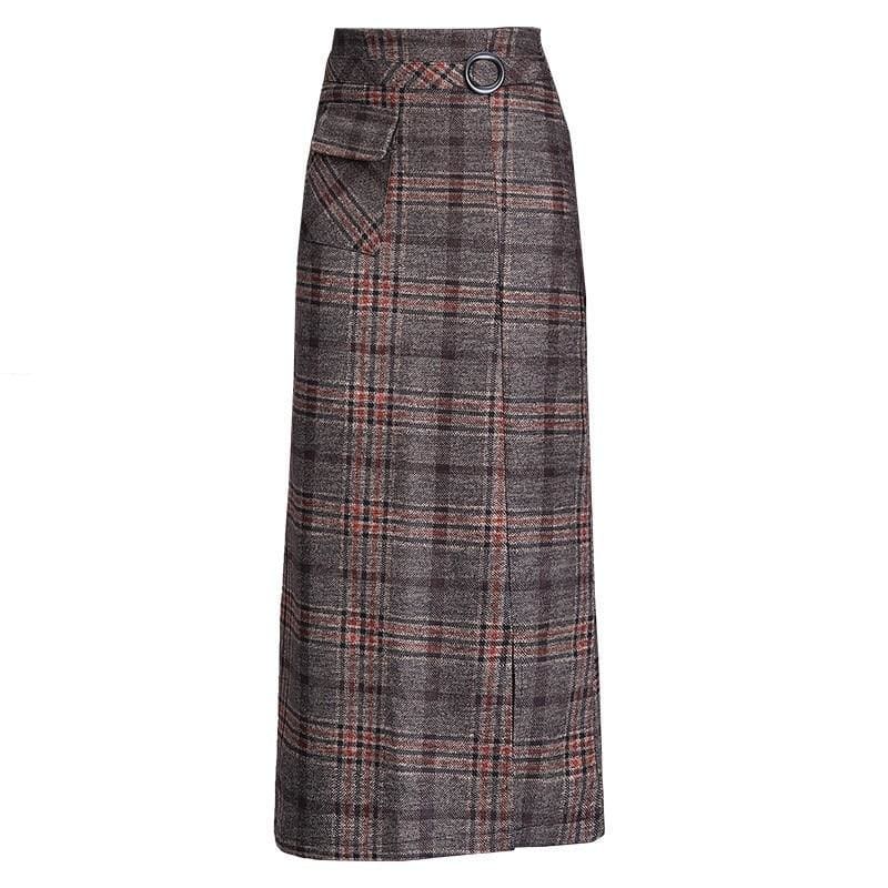 Shelia - Hight Waist Wool Long Plaid Skirt - Skirt
