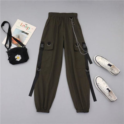 Side Pockets Black White Cargo Harem Pants - pants