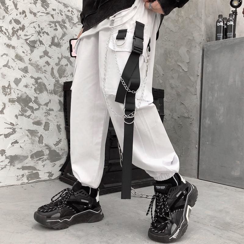 Side Pockets Black White Cargo Harem Pants - pants