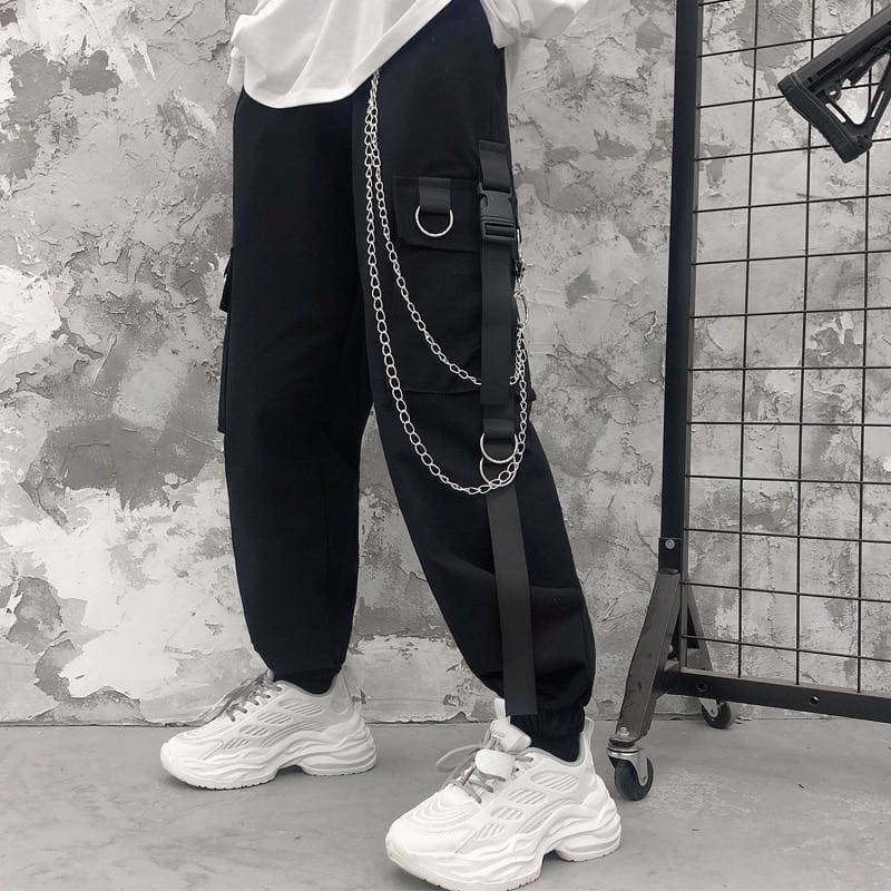 Side Pockets Black White Cargo Harem Pants - pants