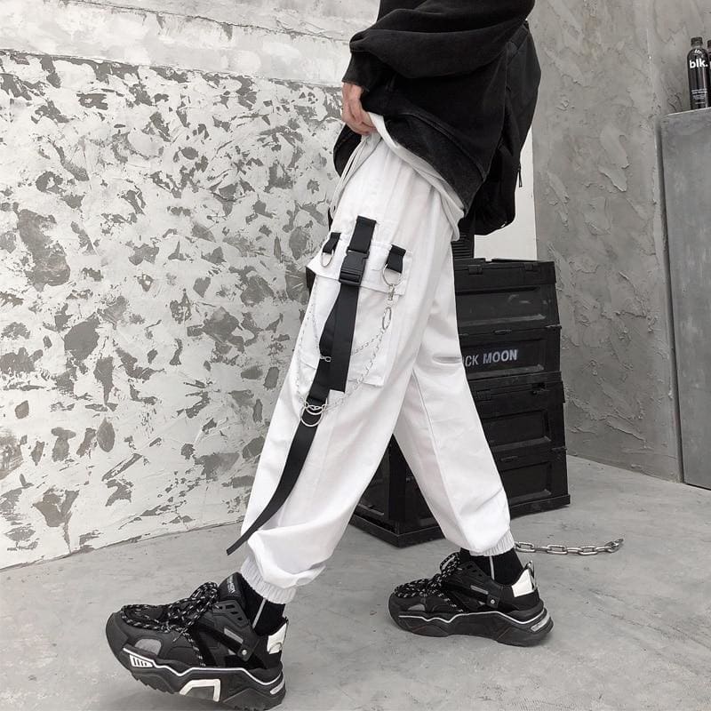 Side Pockets Black White Cargo Harem Pants - pants