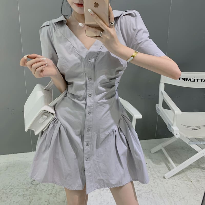 Single-Breasted V-neck Shirt Mini Dress