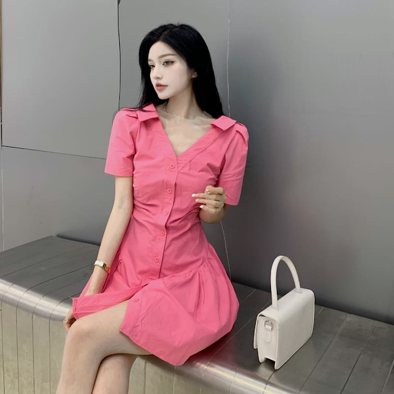 Single-Breasted V-neck Shirt Mini Dress