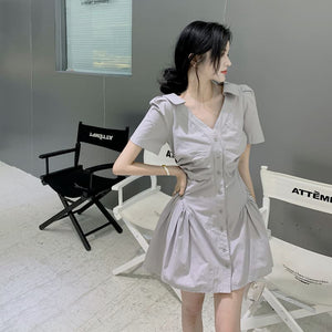 Single-Breasted V-neck Shirt Mini Dress