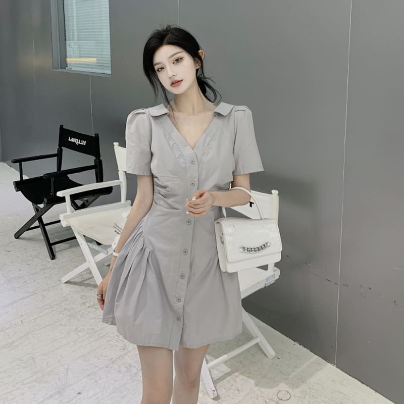 Single-Breasted V-neck Shirt Mini Dress