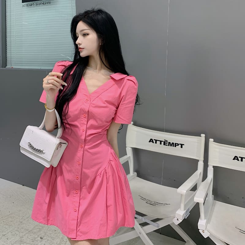 Single-Breasted V-neck Shirt Mini Dress