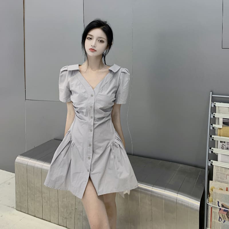 Single-Breasted V-neck Shirt Mini Dress