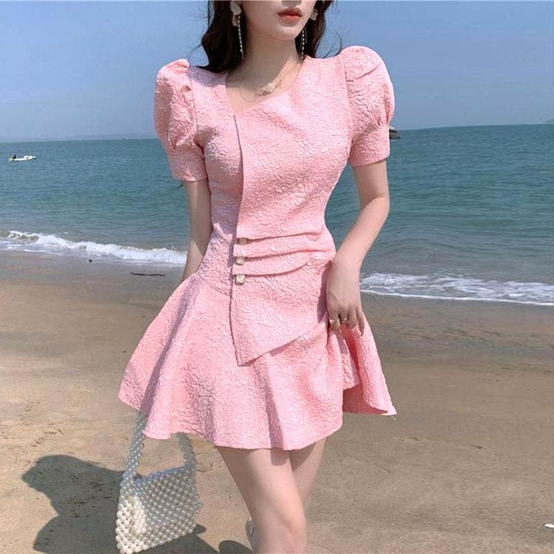 Slanted Collar Pleated Waist Mini Dress