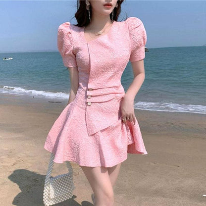 Slanted Collar Pleated Waist Mini Dress