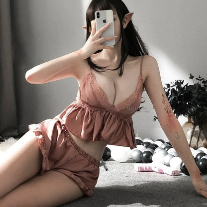 Soft Comfortable Home Pajamas Sexy Lace Crop Top Shorts Set MK187 - KawaiiMoriStore