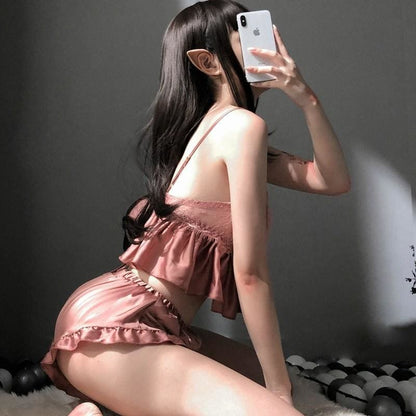 Soft Comfortable Home Pajamas Sexy Lace Crop Top Shorts Set MK187 - KawaiiMoriStore