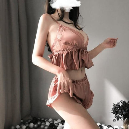 Soft Comfortable Home Pajamas Sexy Lace Crop Top Shorts Set MK187 - KawaiiMoriStore