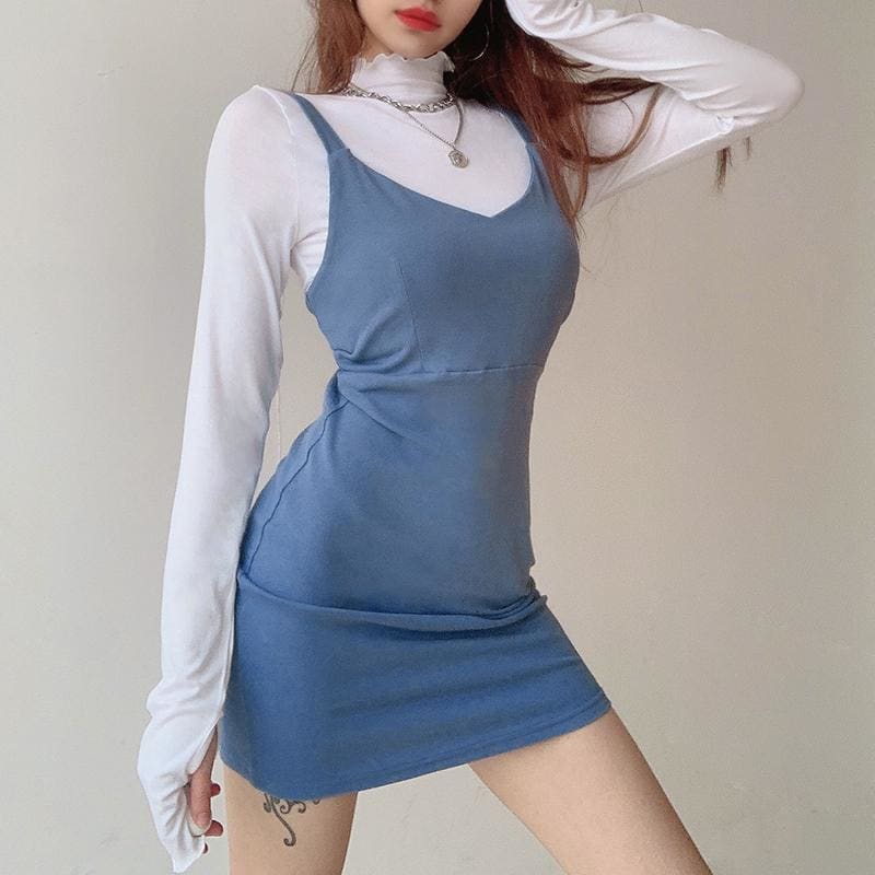 Soft Girl Two-Piece Set Blue Trim Dress MK15991 - KawaiiMoriStore