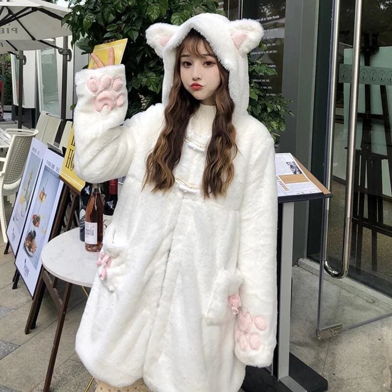 Soft Kawaii Girl Cat Ears Paw Plush Hoodie Jacket - White / 