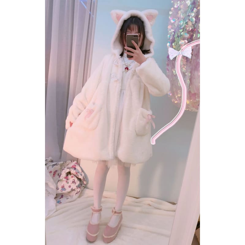 Soft Kawaii Girl Cat Ears Paw Plush Hoodie Jacket - White / 