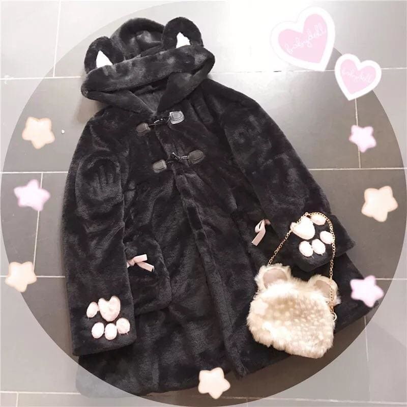 Soft Kawaii Girl Cat Ears Paw Plush Hoodie Jacket - White / 