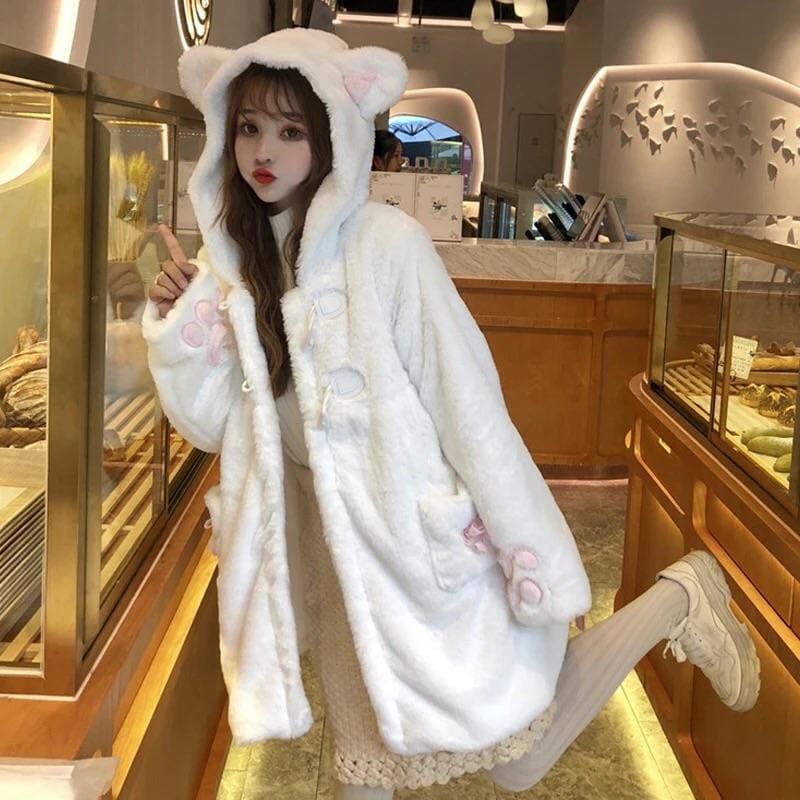 Soft Kawaii Girl Cat Ears Paw Plush Hoodie Jacket - White / 