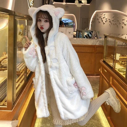 Soft Kawaii Girl Cat Ears Paw Plush Hoodie Jacket - White / 