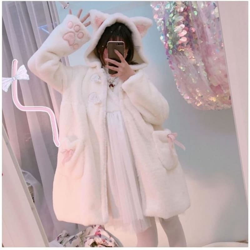 Soft Kawaii Girl Cat Ears Paw Plush Hoodie Jacket - White / 