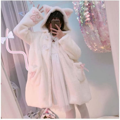 Soft Kawaii Girl Cat Ears Paw Plush Hoodie Jacket - White / 